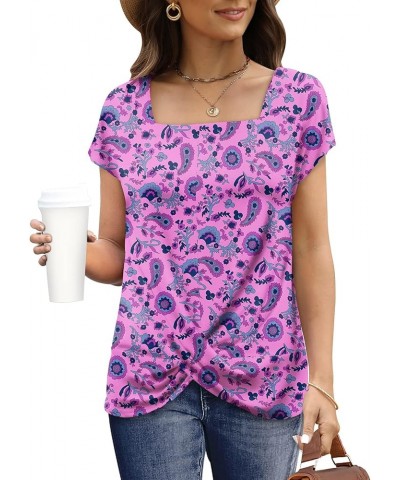 Women's Short Sleeve Round Neck T Shirt Front Twist Tunic Tops Casual Loose Fitted Square Neck-20pink Floral $10.75 T-Shirts