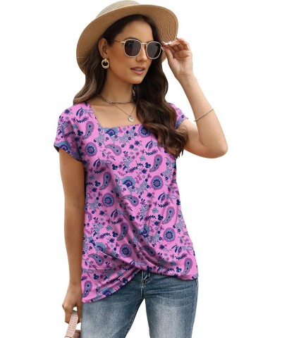 Women's Short Sleeve Round Neck T Shirt Front Twist Tunic Tops Casual Loose Fitted Square Neck-20pink Floral $10.75 T-Shirts