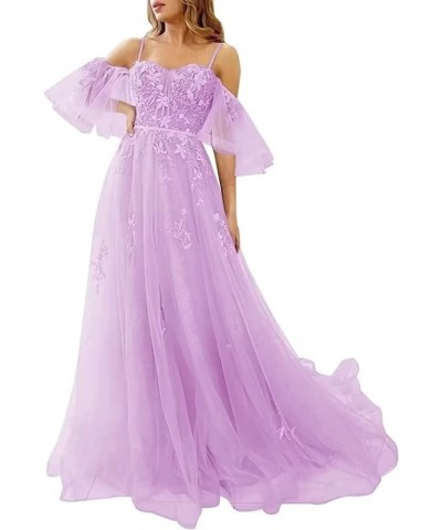 Off The Shoulder Lace Applique Prom Dress for Teens Tulle Long Spaghetti Straps Formal Evening Prom Gown for Women Lilac $39....