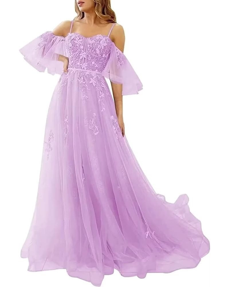 Off The Shoulder Lace Applique Prom Dress for Teens Tulle Long Spaghetti Straps Formal Evening Prom Gown for Women Lilac $39....