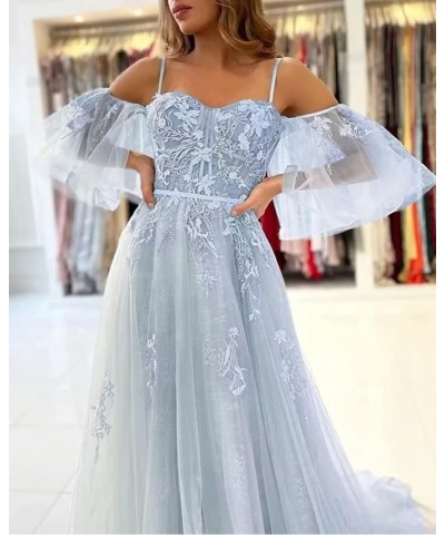 Off The Shoulder Lace Applique Prom Dress for Teens Tulle Long Spaghetti Straps Formal Evening Prom Gown for Women Lilac $39....