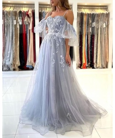 Off The Shoulder Lace Applique Prom Dress for Teens Tulle Long Spaghetti Straps Formal Evening Prom Gown for Women Lilac $39....