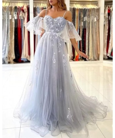 Off The Shoulder Lace Applique Prom Dress for Teens Tulle Long Spaghetti Straps Formal Evening Prom Gown for Women Lilac $39....