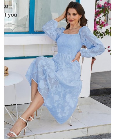 Women Casual Smocked Tiered Floral Swing Dress Puff Long Sleeves Square Neck Maxi Ruffle Flowy Party Dress Blue $20.25 Dresses