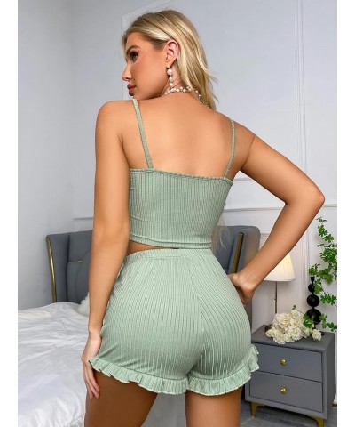 Women's 2 Piece Sleeveless Button Crop Tank Tops and Shorts Lounge Set Mint Green Lace $13.23 Sleep & Lounge