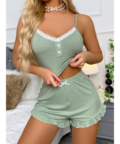 Women's 2 Piece Sleeveless Button Crop Tank Tops and Shorts Lounge Set Mint Green Lace $13.23 Sleep & Lounge