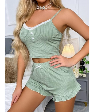 Women's 2 Piece Sleeveless Button Crop Tank Tops and Shorts Lounge Set Mint Green Lace $13.23 Sleep & Lounge