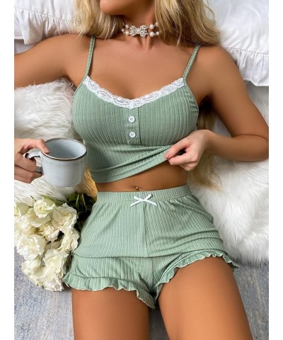 Women's 2 Piece Sleeveless Button Crop Tank Tops and Shorts Lounge Set Mint Green Lace $13.23 Sleep & Lounge