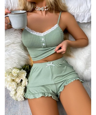 Women's 2 Piece Sleeveless Button Crop Tank Tops and Shorts Lounge Set Mint Green Lace $13.23 Sleep & Lounge