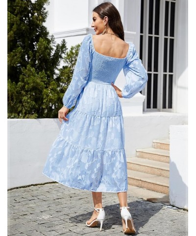 Women Casual Smocked Tiered Floral Swing Dress Puff Long Sleeves Square Neck Maxi Ruffle Flowy Party Dress Blue $20.25 Dresses