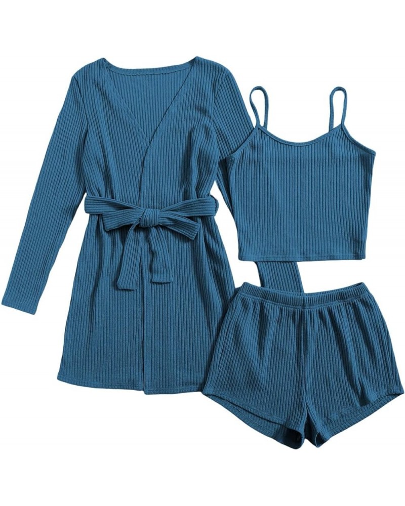 Womens Pajama Sets 3 Piece Lounge Set Ribbed Knit Cami Top and Shorts Soft Sleepwear with Robe Cardigan Solid Blue $24.29 Sle...