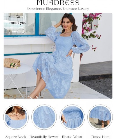 Women Casual Smocked Tiered Floral Swing Dress Puff Long Sleeves Square Neck Maxi Ruffle Flowy Party Dress Blue $20.25 Dresses