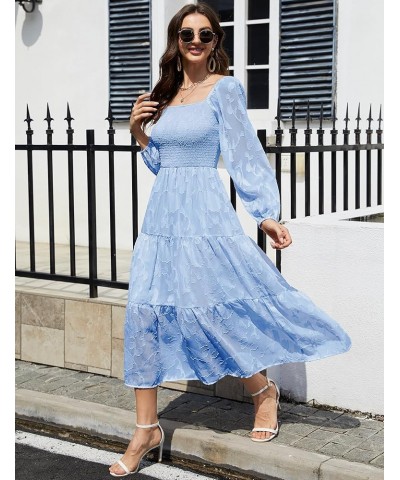 Women Casual Smocked Tiered Floral Swing Dress Puff Long Sleeves Square Neck Maxi Ruffle Flowy Party Dress Blue $20.25 Dresses