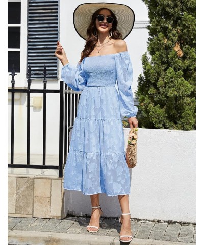 Women Casual Smocked Tiered Floral Swing Dress Puff Long Sleeves Square Neck Maxi Ruffle Flowy Party Dress Blue $20.25 Dresses