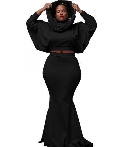 Women's Batwing Sleeve Heaps Collar Tops 2 Piece Outfit Crop Top and Bodycon Fishtail Mermaid Maxi Skirt Sets Black $13.53 Suits