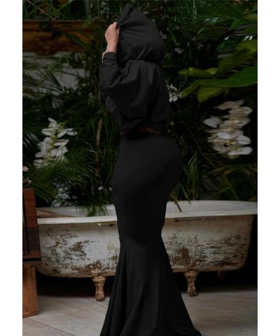 Women's Batwing Sleeve Heaps Collar Tops 2 Piece Outfit Crop Top and Bodycon Fishtail Mermaid Maxi Skirt Sets Black $13.53 Suits