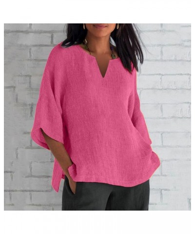 Womens Cotton Linen Shirt 3/4 Length Sleeve Tops Crew Neck Loose Fit T Shirts Summer Casual Solid Color Blouses 22_hot Pink W...