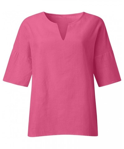 Womens Cotton Linen Shirt 3/4 Length Sleeve Tops Crew Neck Loose Fit T Shirts Summer Casual Solid Color Blouses 22_hot Pink W...