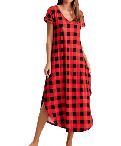 Nightgowns for Women V Neck Nightshirts Short Sleeve Soft Sleepwear Side Split Pockets Long Nightdress S-3XL Pat13 Red Plaid ...