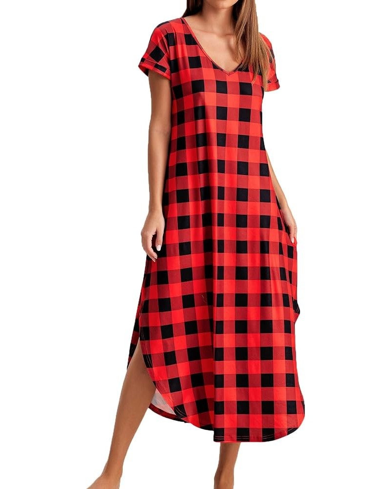 Nightgowns for Women V Neck Nightshirts Short Sleeve Soft Sleepwear Side Split Pockets Long Nightdress S-3XL Pat13 Red Plaid ...