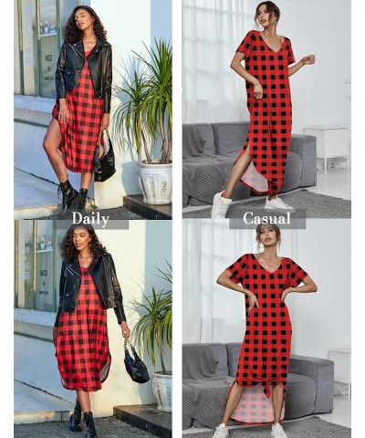 Nightgowns for Women V Neck Nightshirts Short Sleeve Soft Sleepwear Side Split Pockets Long Nightdress S-3XL Pat13 Red Plaid ...