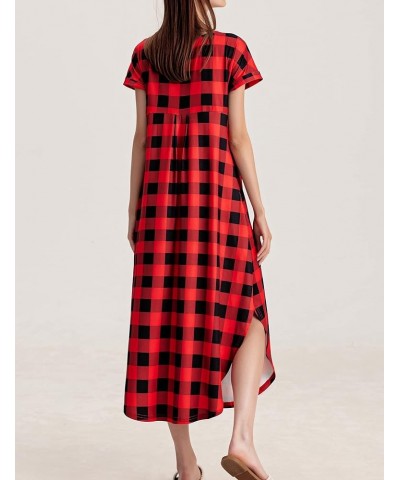 Nightgowns for Women V Neck Nightshirts Short Sleeve Soft Sleepwear Side Split Pockets Long Nightdress S-3XL Pat13 Red Plaid ...