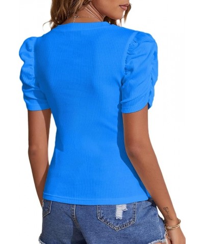 Women's Casual Puff Short Sleeve Top Crewneck Solid Slim Fit T Shirt Blouse Blue $13.71 Blouses