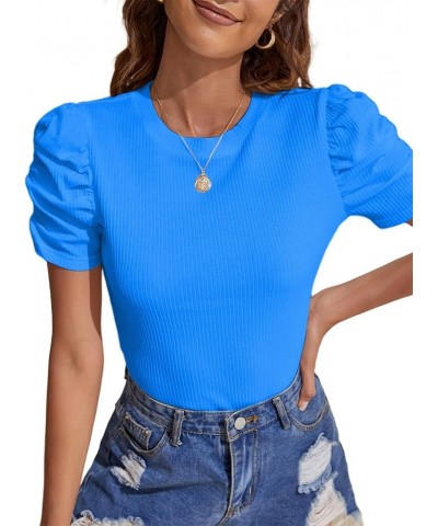 Women's Casual Puff Short Sleeve Top Crewneck Solid Slim Fit T Shirt Blouse Blue $13.71 Blouses