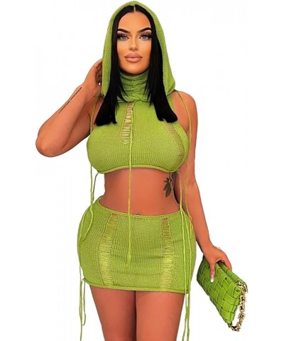 Women's 2 Piece Skirt Outfits Hollow Out Hoodie Crop Top Bodycon Mini Skirt Crochet Knitted Night Out Y2k Set Green $21.16 Suits