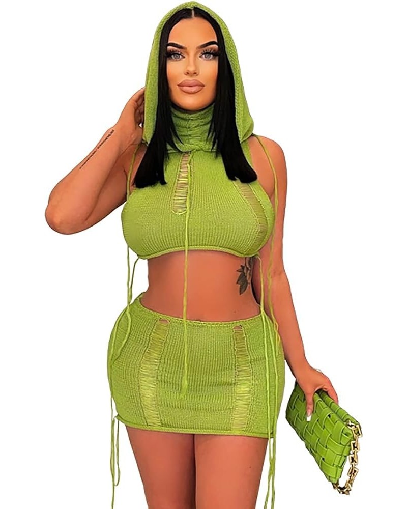 Women's 2 Piece Skirt Outfits Hollow Out Hoodie Crop Top Bodycon Mini Skirt Crochet Knitted Night Out Y2k Set Green $21.16 Suits