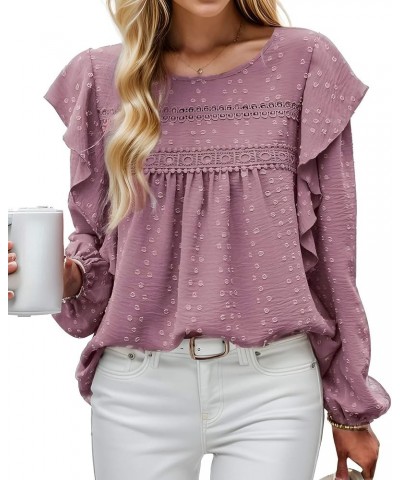 Women's Long Sleeve Blouses Ruffle Swiss Dot Crochet Shirts Loose Fit Fall Tunic Dressy Casual Tops Pink $10.75 Tops