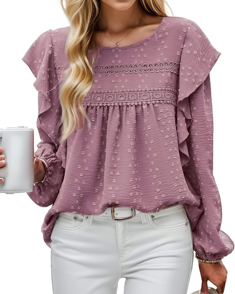 Women's Long Sleeve Blouses Ruffle Swiss Dot Crochet Shirts Loose Fit Fall Tunic Dressy Casual Tops Pink $10.75 Tops