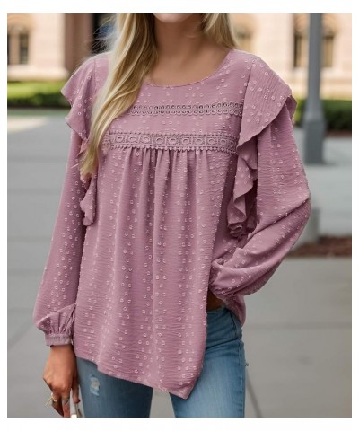 Women's Long Sleeve Blouses Ruffle Swiss Dot Crochet Shirts Loose Fit Fall Tunic Dressy Casual Tops Pink $10.75 Tops