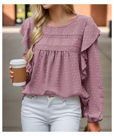 Women's Long Sleeve Blouses Ruffle Swiss Dot Crochet Shirts Loose Fit Fall Tunic Dressy Casual Tops Pink $10.75 Tops