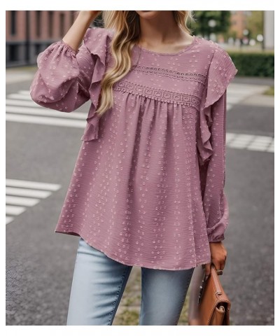 Women's Long Sleeve Blouses Ruffle Swiss Dot Crochet Shirts Loose Fit Fall Tunic Dressy Casual Tops Pink $10.75 Tops