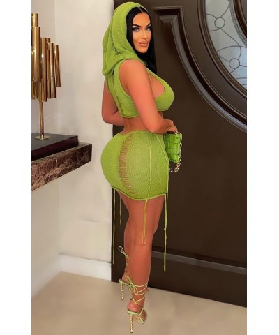 Women's 2 Piece Skirt Outfits Hollow Out Hoodie Crop Top Bodycon Mini Skirt Crochet Knitted Night Out Y2k Set Green $21.16 Suits