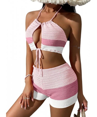 Women's 2 Piece Crochet Cover Up Set Hollow Out Color Block Shorts Cut Out Backless Halter Top Coverup Swimsuit Light Pink $2...