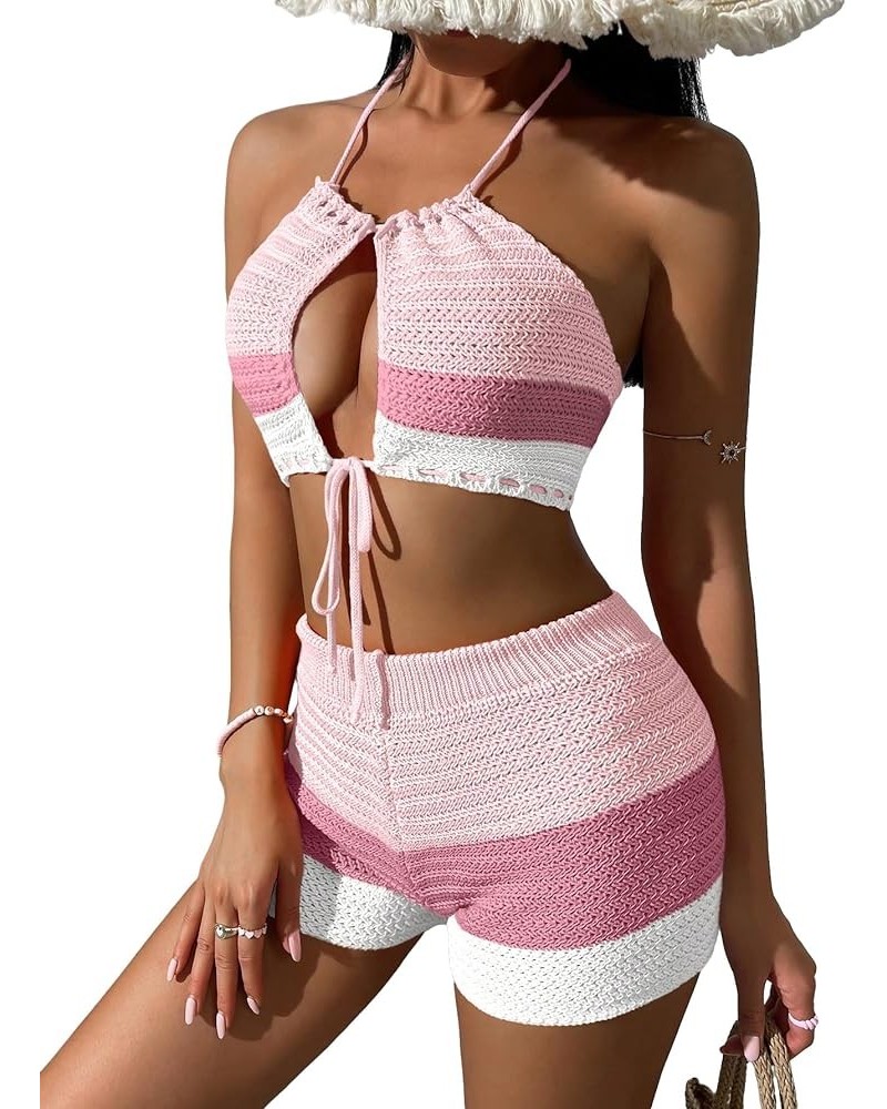 Women's 2 Piece Crochet Cover Up Set Hollow Out Color Block Shorts Cut Out Backless Halter Top Coverup Swimsuit Light Pink $2...