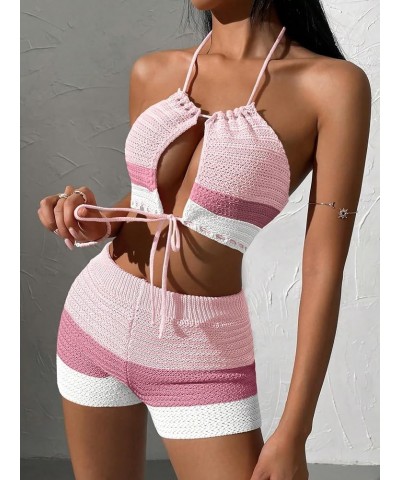 Women's 2 Piece Crochet Cover Up Set Hollow Out Color Block Shorts Cut Out Backless Halter Top Coverup Swimsuit Light Pink $2...