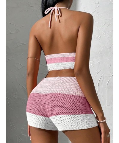 Women's 2 Piece Crochet Cover Up Set Hollow Out Color Block Shorts Cut Out Backless Halter Top Coverup Swimsuit Light Pink $2...