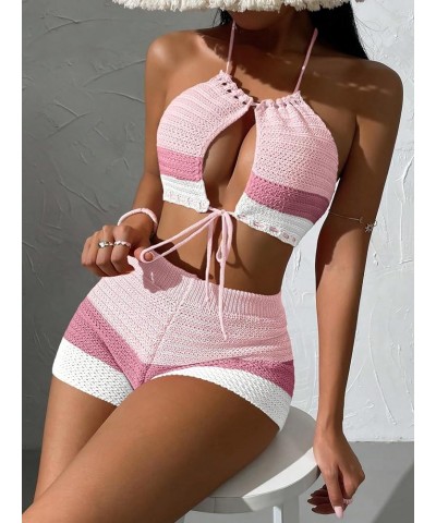 Women's 2 Piece Crochet Cover Up Set Hollow Out Color Block Shorts Cut Out Backless Halter Top Coverup Swimsuit Light Pink $2...