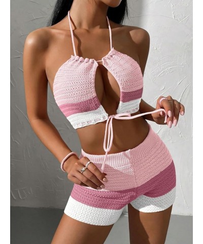 Women's 2 Piece Crochet Cover Up Set Hollow Out Color Block Shorts Cut Out Backless Halter Top Coverup Swimsuit Light Pink $2...