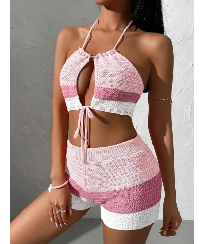 Women's 2 Piece Crochet Cover Up Set Hollow Out Color Block Shorts Cut Out Backless Halter Top Coverup Swimsuit Light Pink $2...