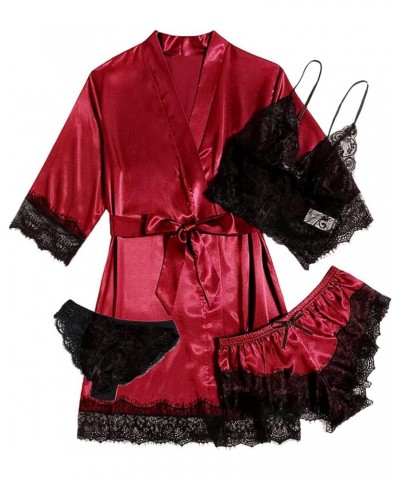 Women's 4 P Satin Floral Lace Cami Top Lingerie Pajama Set with Robe S-XL Red $11.19 Sleep & Lounge