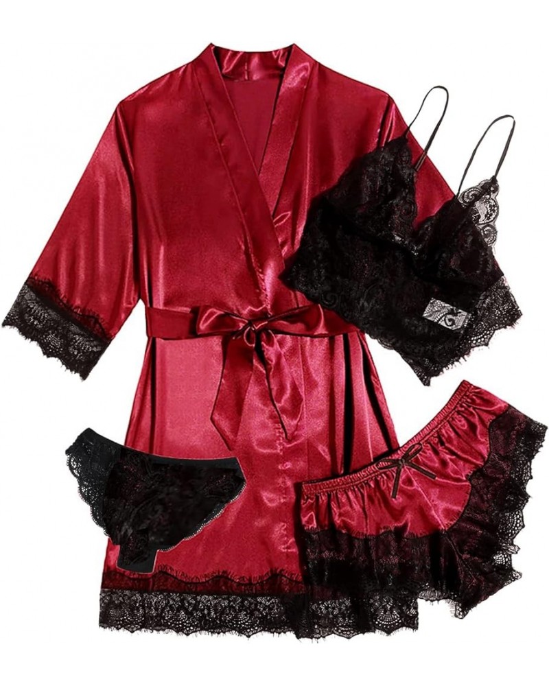 Women's 4 P Satin Floral Lace Cami Top Lingerie Pajama Set with Robe S-XL Red $11.19 Sleep & Lounge