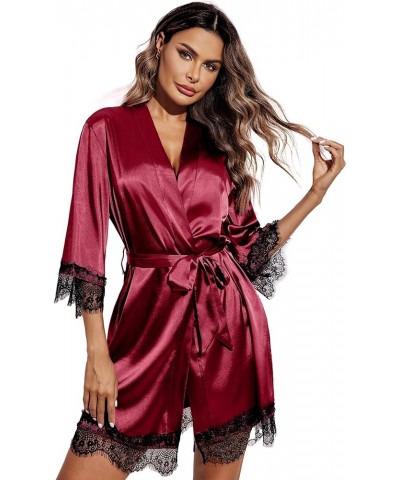 Women's 4 P Satin Floral Lace Cami Top Lingerie Pajama Set with Robe S-XL Red $11.19 Sleep & Lounge