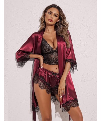 Women's 4 P Satin Floral Lace Cami Top Lingerie Pajama Set with Robe S-XL Red $11.19 Sleep & Lounge