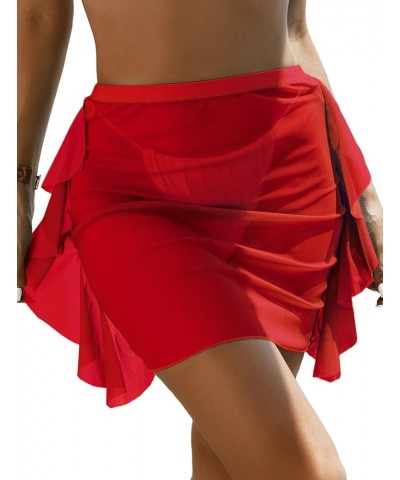 Women´s Ruffle Trim Sheer Beach Skirt See Through Bikini Cover-ups Mesh Swimsuit Cover Ups Red $10.99 Swimsuits