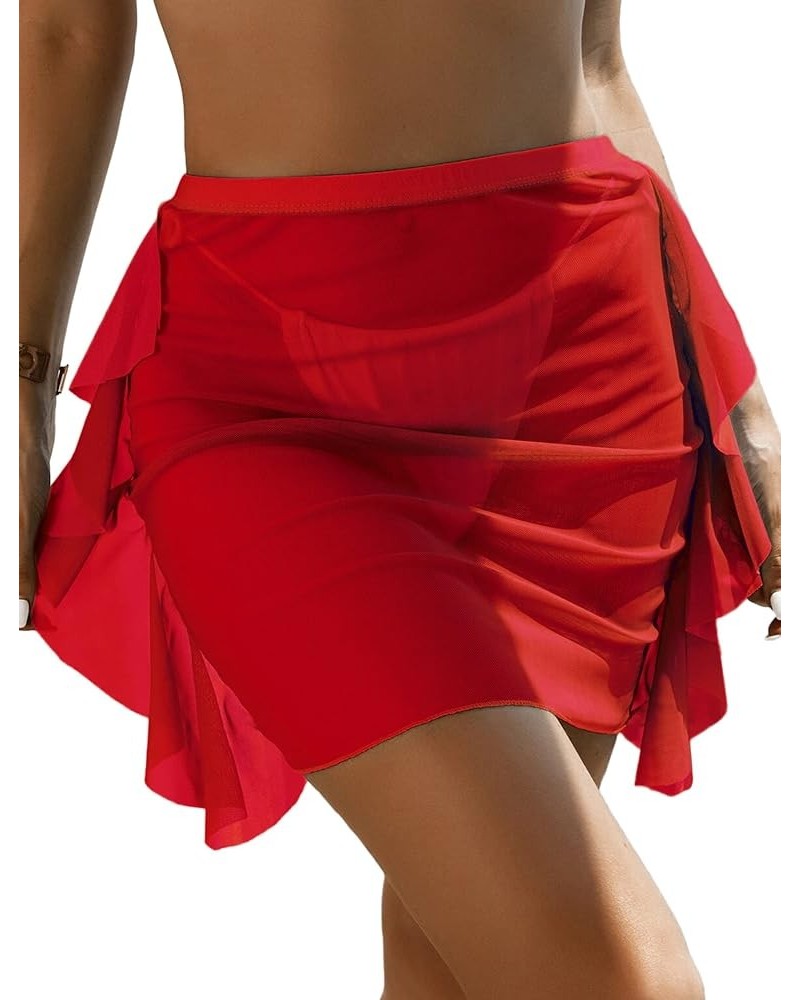 Women´s Ruffle Trim Sheer Beach Skirt See Through Bikini Cover-ups Mesh Swimsuit Cover Ups Red $10.99 Swimsuits