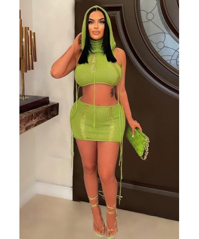 Women's 2 Piece Skirt Outfits Hollow Out Hoodie Crop Top Bodycon Mini Skirt Crochet Knitted Night Out Y2k Set Green $21.16 Suits